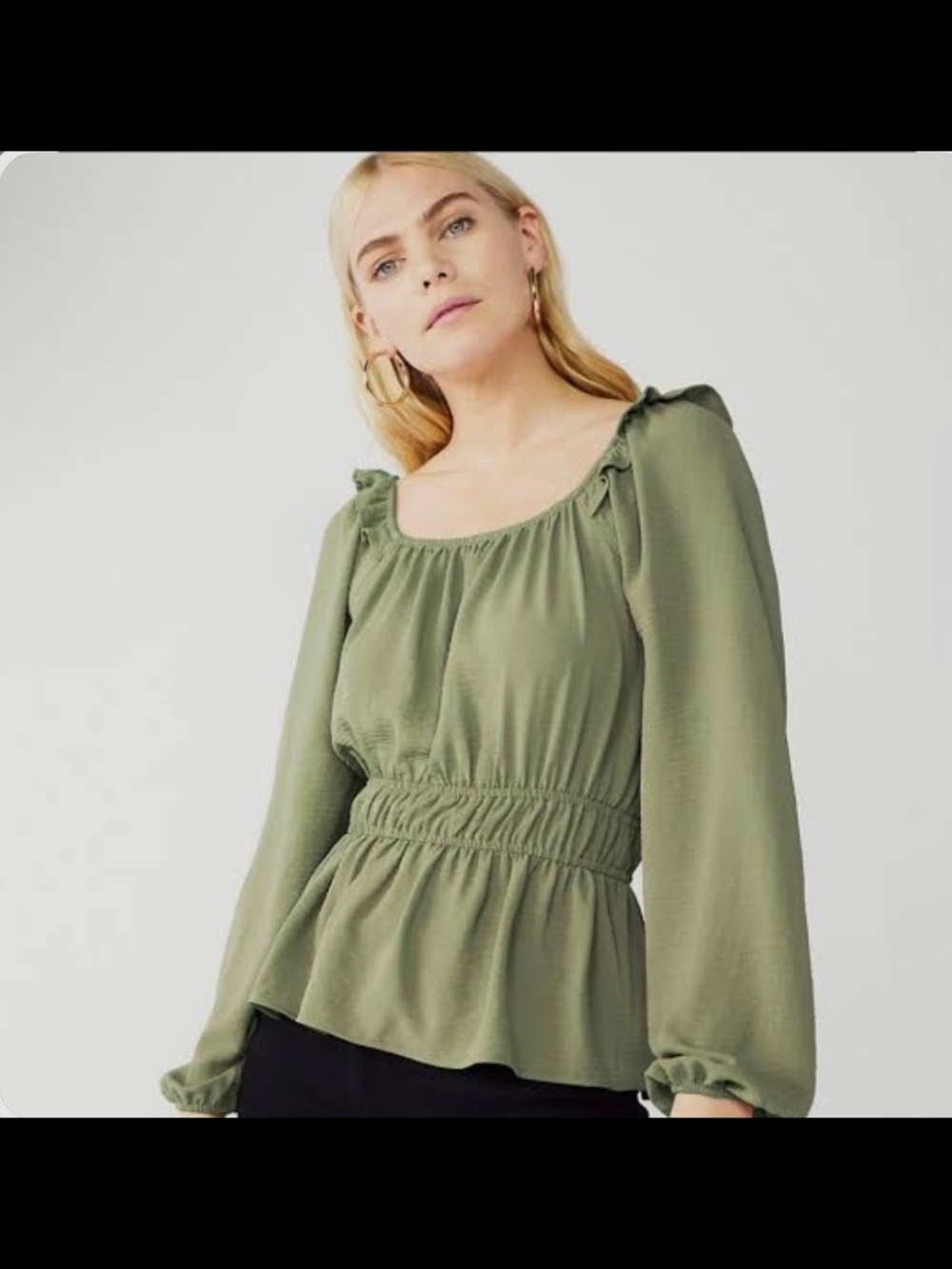 Nine West Olive Green Smocked Peasant Blouse